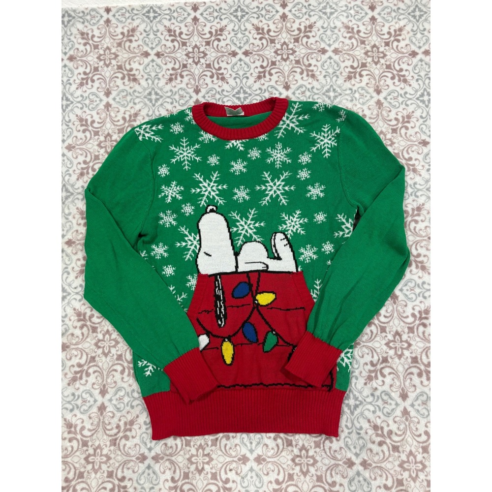 Peanuts Snoopy Christmas Holiday Sweater Green Red Snowflake Mens Medium